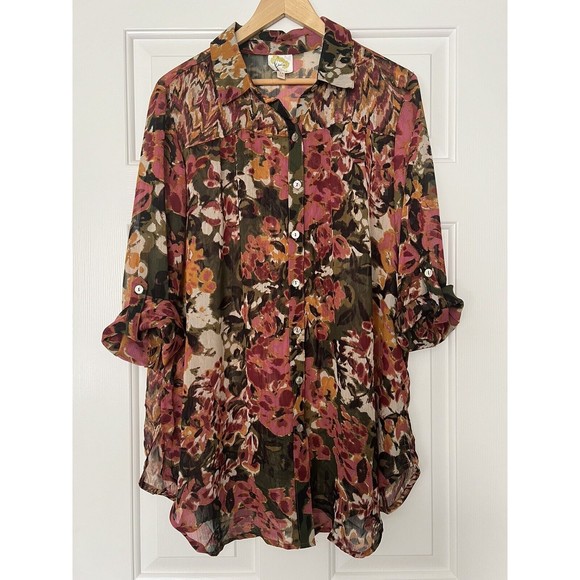 Fig And Flower Blouse Button Down Shirt Shear Roll Tab Sleeve Size 1x NWT - Picture 5 of 13